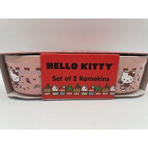 NEW Hello Kitty Ceramic Ramekins Dishes Set Of 2 Pink Candy Cane Dress